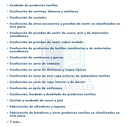 Directorio de Empresas de Manufactura de Textiles, Prendas de Vestir y Cuero 2025 - 8,312 Negocios