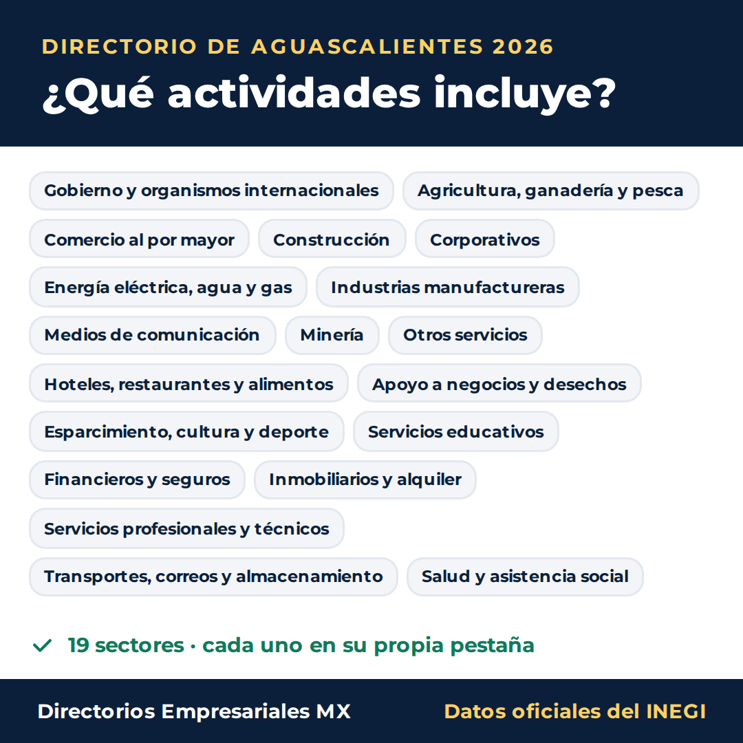Actividades económicas que incluye el directorio de Aguascalientes en Excel: 19 sectores