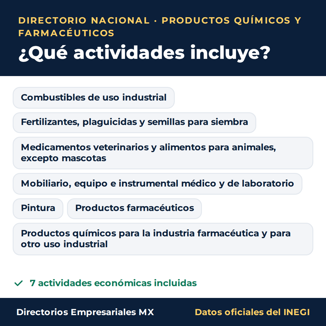 Actividades económicas que incluye el directorio nacional de comercio mayorista de Productos Químicos y Farmacéuticos en Excel: 7 actividades