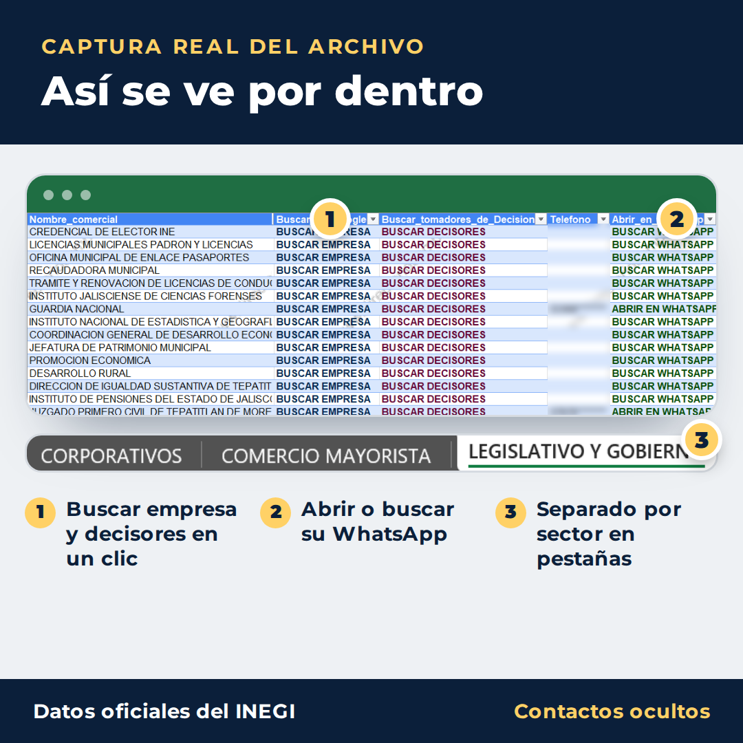 Captura real del directorio de empresas en Excel: atajos para buscar empresa y decisores en Google, abrir WhatsApp y pestañas por sector