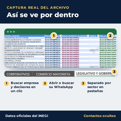Captura real del directorio de empresas en Excel: atajos para buscar empresa y decisores en Google, abrir WhatsApp y pestañas por sector