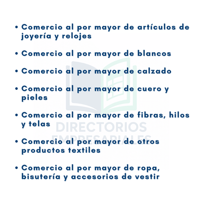 Listado de actividades que contiene el directorio de empresas mayoristas de textiles, cuero, ropa y calzado.