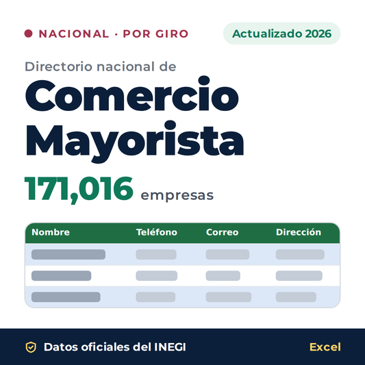 Directorio nacional de Comercio Mayorista 2026 en Excel: 171,016 empresas. Datos oficiales del INEGI