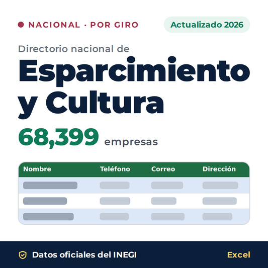 Directorio nacional de Esparcimiento y Cultura 2026 en Excel: 68,399 empresas. Datos oficiales del INEGI