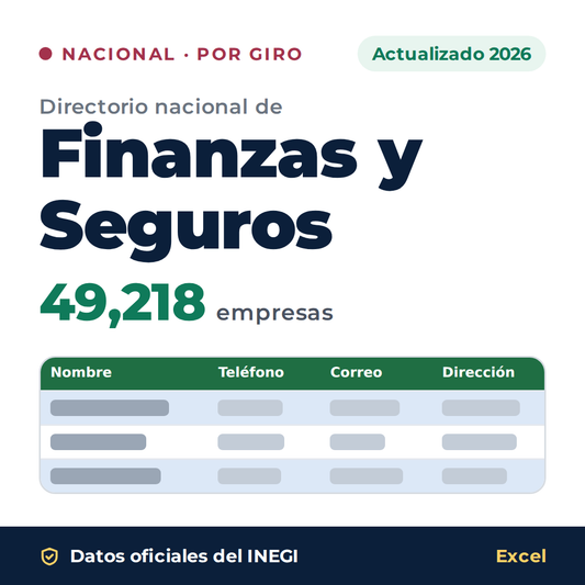 Directorio nacional de Finanzas y Seguros 2026 en Excel: 49,218 empresas. Datos oficiales del INEGI