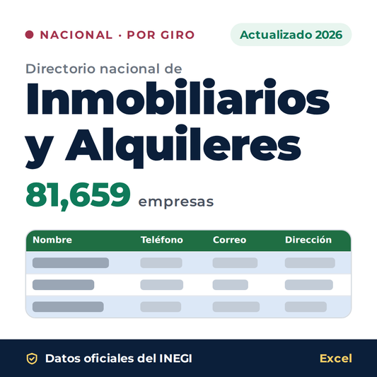 Directorio nacional de Inmobiliarios y Alquileres 2026 en Excel: 81,659 empresas. Datos oficiales del INEGI