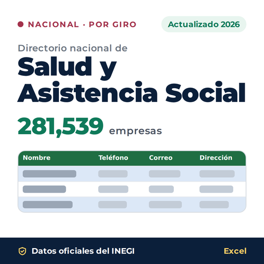 Directorio nacional de Salud y Asistencia Social 2026 en Excel: 281,539 empresas. Datos oficiales del INEGI