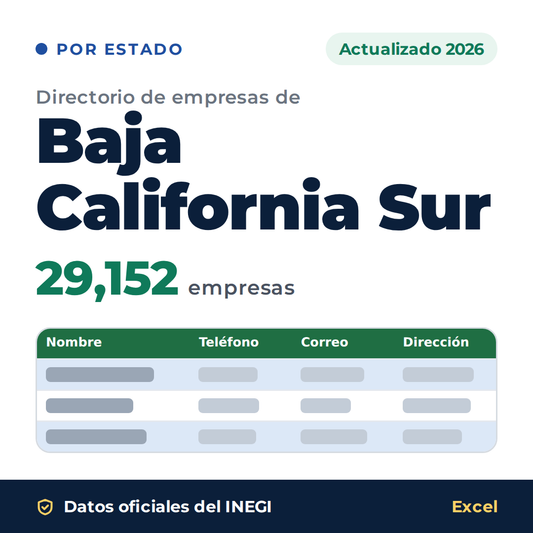 Directorio de empresas de Baja California Sur 2026 en Excel: 29,152 empresas con teléfono, correo y dirección. Datos oficiales del INEGI