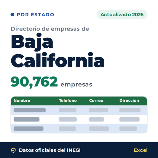 Directorio de empresas de Baja California 2026 en Excel: 90,762 empresas con teléfono, correo y dirección. Datos oficiales del INEGI