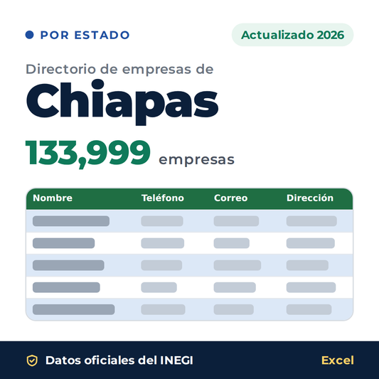 Directorio de empresas de Chiapas 2026 en Excel: 133,999 empresas con teléfono, correo y dirección. Datos oficiales del INEGI