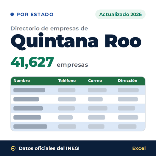 Directorio de empresas de Quintana Roo 2026 en Excel: 41,627 empresas con teléfono, correo y dirección. Datos oficiales del INEGI
