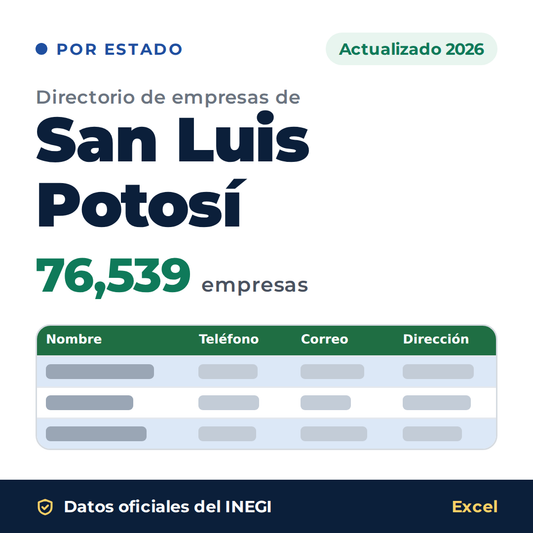 Directorio de empresas de San Luis Potosí 2026 en Excel: 76,539 empresas con teléfono, correo y dirección. Datos oficiales del INEGI