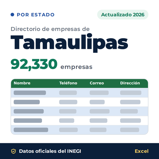 Directorio de empresas de Tamaulipas 2026 en Excel: 92,330 empresas con teléfono, correo y dirección. Datos oficiales del INEGI
