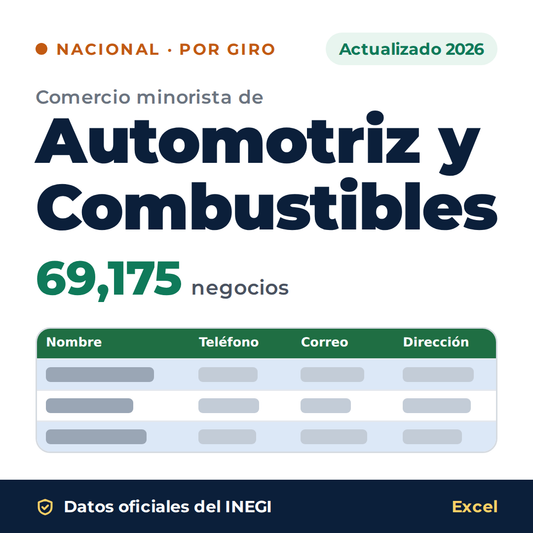 Directorio nacional de comercio minorista de Automotriz y Combustibles 2026 en Excel: 69,175 negocios. Datos oficiales del INEGI