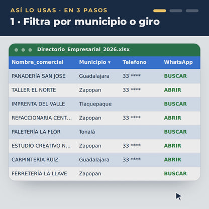 Video: así se usa el directorio de empresas en Excel en 3 pasos: filtra por municipio, un clic en el atajo de WhatsApp y contacta
