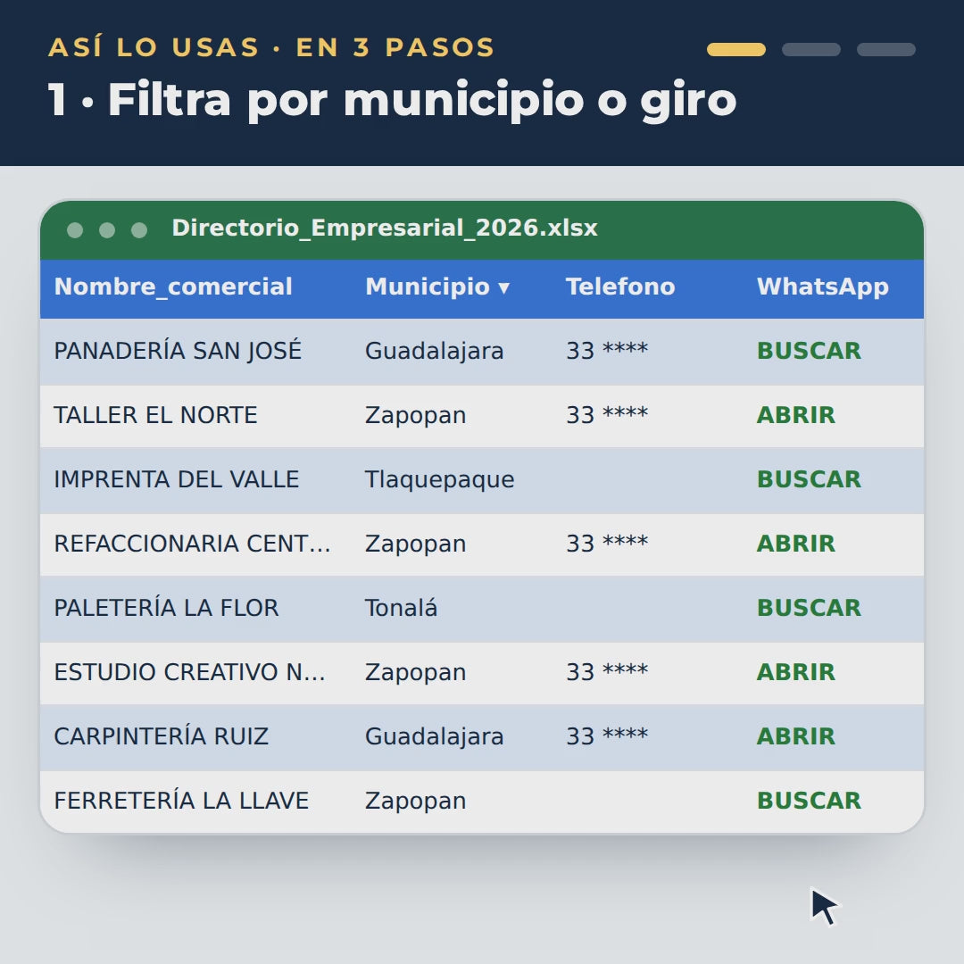 Video: así se usa el directorio de empresas en Excel en 3 pasos: filtra por municipio, un clic en el atajo de WhatsApp y contacta